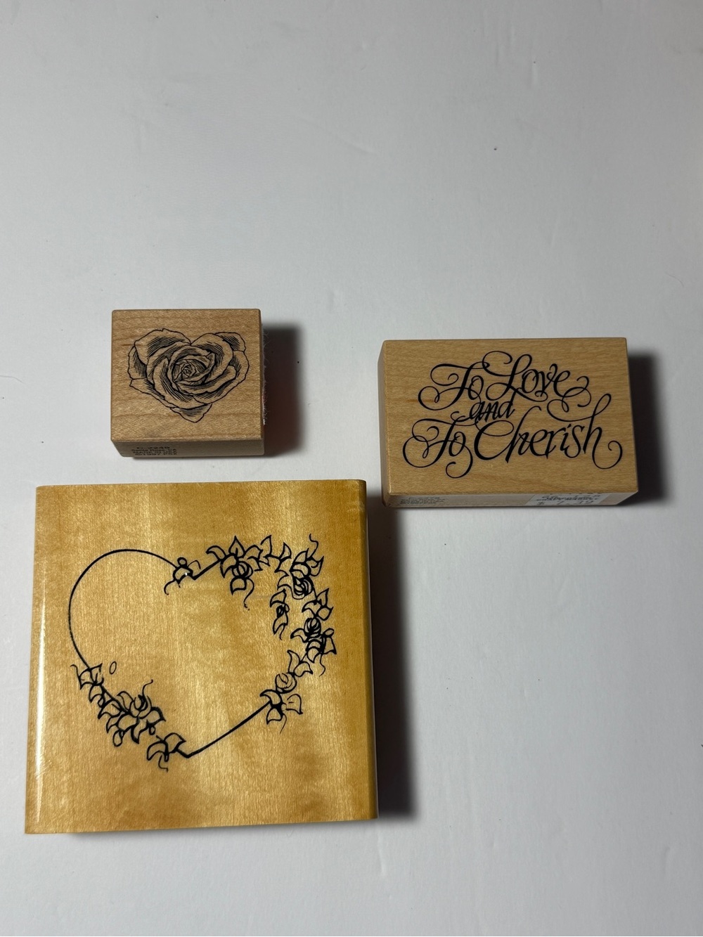 Wedding Rubber Stamps: 5” Heart, 3” ‘To Love And To Cherish’ & 2” Rose Heart